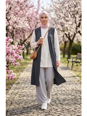 Sefa Merve Büyük Beden Düz Renk Sade Ince Yelek Anne Yelek 8770-06 Antrasit