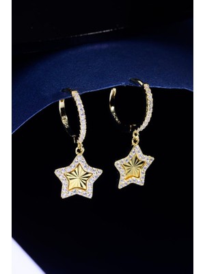 Innuendo Jewelry 925 Ayar Gümüş Taşlı Yıldız Sallantılı Halka Küpe Kadın