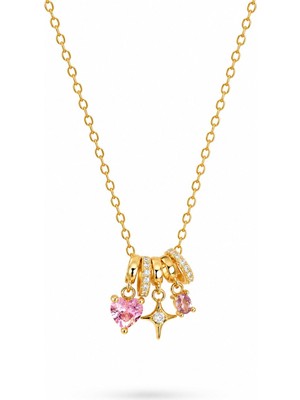 Serelya 316L Çelik Gold Pembe Zirkon Taşlı Charmlı Kadın Kolye