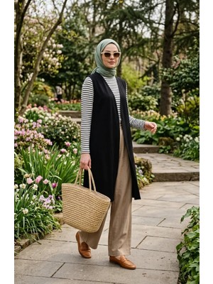 Sefa Merve Büyük Beden Düz Renk Sade Ince Anne Yelek 8770-08 Siyah