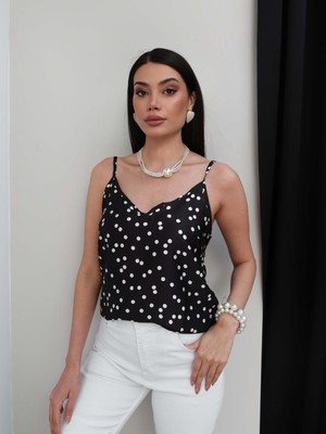 Esra Helvacı Puantiyeli V Yaka Saten Bluz