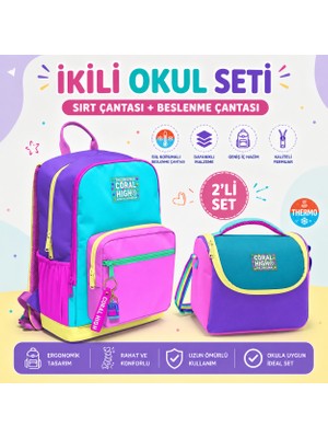 Coral High Çok Renkli Dört Bölmeli Okul Sırt Çantası 23676+THERMO Beslenme Çantası 11759