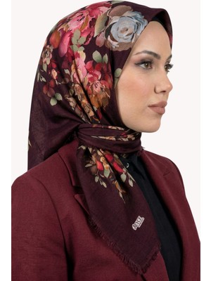Hadiora Kadın Bordo Çiçek Desenli Flamlı Eşarp
