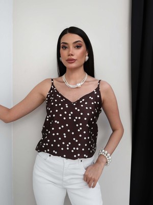 Esra Helvacı Puantiyeli V Yaka Saten Bluz