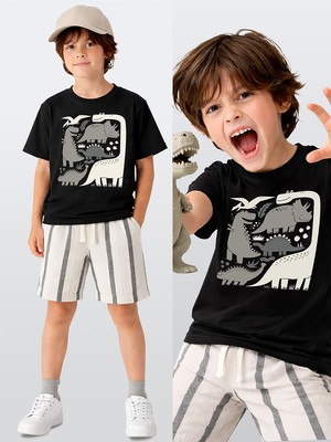 Denokids Erkek Çocuk Takım Dino Pamuk T-Shirt ve Çizgili Keten Görünümlü Yazlık Şort