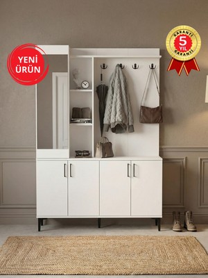 Dorpek Parion Aynalı Portmanto, Vestiyer Portmanto Ayakkabılık 135 cm Beyaz