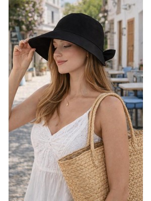 Moda Nokta Kadın Keten Bucket Fiyonklu Siyah Yazlık Plaj Şapkası, Ayarlanabilir Geniş Kenarlı Tatil Şapkası