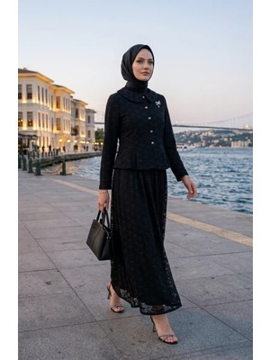 Sefa Merve Bebe Yaka Dantelli Tunik Etek Ikili Takım 0270-02 Siyah