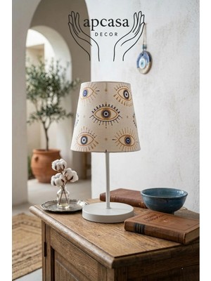 Apcasa Decor Otantik Nazar Göz Desenli El Yapımı Kumaş Abajur – Beyaz Metal Gövdeli