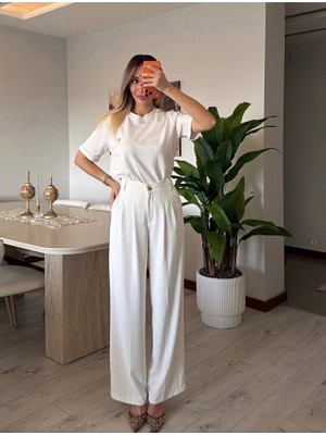 Kadın Yüksek Bel Kemersiz Beli Lastikli Salaş Palazzo Kumaş Pantolon