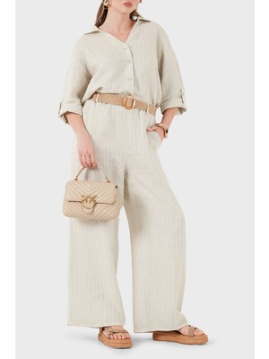 Viadante Via Dante Çizgili Relaxed Fit Yüksek Bel Bol Paça Keten Pantolon Bayan Pantolon 5056RN