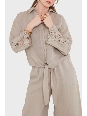 Viadante Via Dante Relaxed Fit Güpür Detaylı Uzun Kollu Keten Gömlek Bayan Gömlek 699E31842
