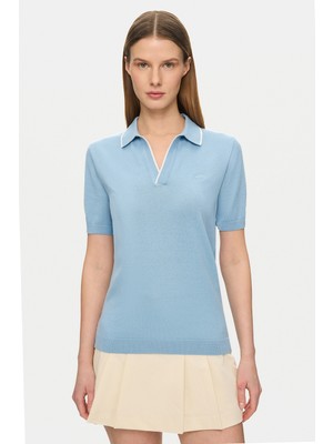 Ucla Sasha Gök Mavi Polo Yaka Triko Nakışlı %100 Pamuk Standard Fit Kadın Tshirt