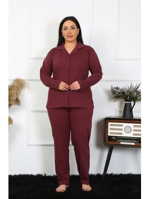 Marsilyan- Kadın Büyük Beden Pamuklu Cepli Düğmeli Mürdüm Pijama Takım