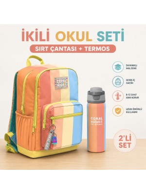 Coral High Renkli Çizgili Dört Bölmeli Sırt Çantası 23680+ Çelik Termos 800 ml 38540