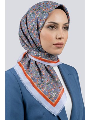 Hadiora Kadın Mavi Turuncu Çiçek Desenli Flamlı Eşarp