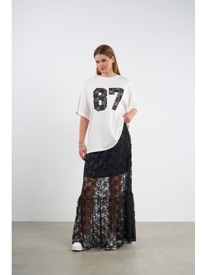 HANIQA Dantelli Etek ve Baskılı T-Shirt Takım | 44-50 | 25232