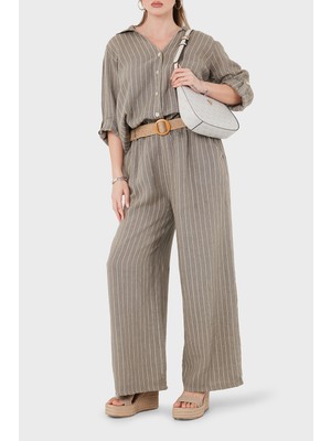 Viadante Via Dante Çizgili Relaxed Fit Yüksek Bel Bol Paça Keten Pantolon Bayan Pantolon 5056RN