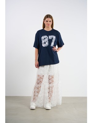HANIQA Dantelli Etek ve Baskılı T-Shirt Takım | 44-50 | 25232