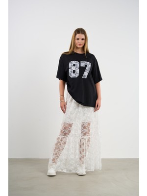 HANIQA Dantelli Etek ve Baskılı T-Shirt Takım | 44-50 | 25232