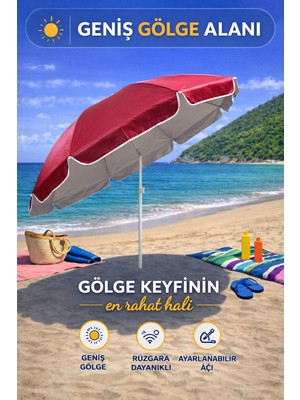 Hak-İş Oyuncak Bordo-Bej 200 cm Ayarlanabilir Fon Model Plaj Şemsiyesi