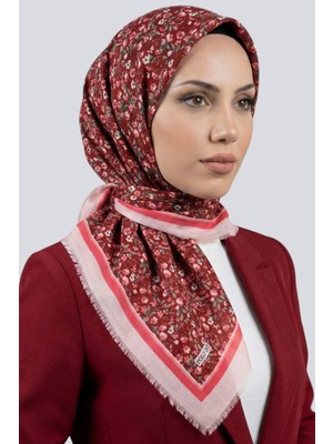 Hadiora Kadın Bordo Pudra Çiçek Desenli Flamlı Eşarp