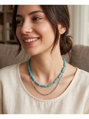 Lumea Mama Boho Stil Turkuaz Taş Detaylı Gümüş Renk Kararmaz Zincir Kolye💫