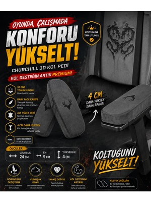 XMAX Churchill 3D Koltuk Kol Pedi Kadife Kumaş 32 Dns Yoğun Sünger Koyu Gri (Ergonomik Kol Destek)