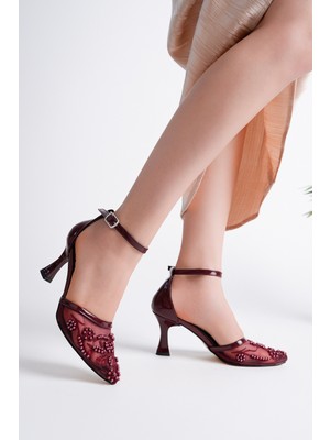 Bulutmod BA04602 Kadın Bordo Incili Elek Abiye Klasik 8 cm Topuklu Ayakkabı - 39