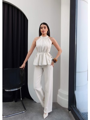 Esra Helvacı Halter Yaka Kuşaklı Bluz Pantolon Takım