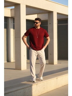 EYDAMOON Erkek Bordo Regular Modal Kumaş Solmayan Renk Ipeksi Doku Ütü Gerektirmeyen T-Shirt