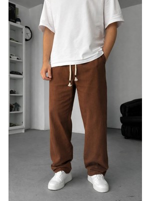EYDAMOON Man Kahverengi Baggy Kesim Keten Karışımlı Müslin Pantolon Rahat Stil Terletmeyen Hafif Kumaş