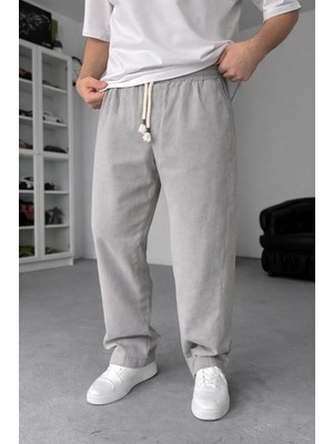 EYDAMOON Man Gri Baggy Kesim Keten Karışımlı Müslin Pantolon Rahat Stil Terletmeyen Hafif Kumaş