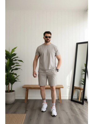 EYDAMOON Erkek Taş Regular Kesim %100 Pamuklu Likralı Penye Kumaş Yazlık Eşofman Takımı