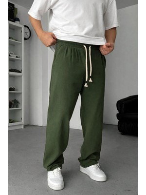 EYDAMOON Man Haki Baggy Kesim Keten Karışımlı Müslin Pantolon Rahat Stil Terletmeyen Hafif Kumaş