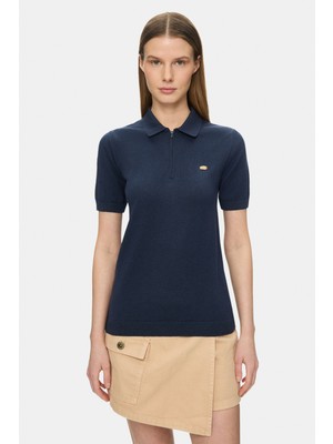Ucla Ashera Lacivert Polo Yaka Half Zip Triko Nakışlı %100 Pamuk Standard Fit Kadın Tshirt