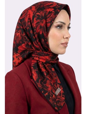 Hadiora Zer Kadın Siyah Kırmızı Çiçek Desenli Organik Pamuk Soft Eşarp