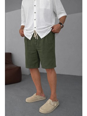 EYDAMOON Man Haki Urban Relaxed Fit %100 Pamuk Müslin Şort - Nefes Alan Müslin Dokuma