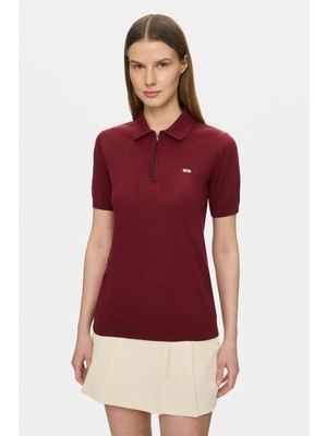 Ucla Ashera Bordo Polo Yaka Half Zip Triko Nakışlı %100 Pamuk Standard Fit Kadın Tshirt