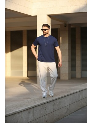 EYDAMOON Erkek Lacivert Regular Modal Kumaş Solmayan Renk Ipeksi Doku Ütü Gerektirmeyen T-Shirt