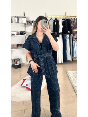 Taşlı Denim Yelekli Takım