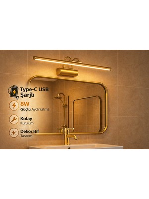 Özer Light 50CM / USB Şarjlı / Gold kasa / Resim / Tablo / Ayna Üstü / Banyo / Ledli Aplik Flüt 3000K Günışığı