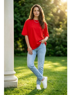 EYDAMOON Kadın Kırmızı %100 Organik Pamuk Oversize Penye Kumaş Bisiklet Yaka T-Shirt
