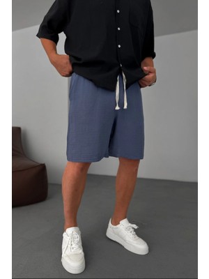 EYDAMOON Man Lacivert Urban Relaxed Fit %100 Pamuk Müslin Şort - Nefes Alan Müslin Dokuma
