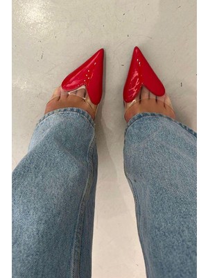 Lady Rugan Şeffaf Kalp Model 8 cm Sivri Burunlu Ince Topuklu Kalpli Ayakkabı Stiletto Kırmızı