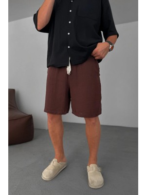 EYDAMOON Man Kahverengi Urban Relaxed Fit %100 Pamuk Müslin Şort - Nefes Alan Müslin Dokuma