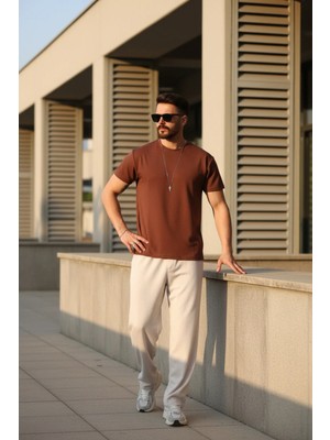 EYDAMOON Erkek Kahverengi Regular Modal Kumaş Solmayan Renk Ipeksi Doku Ütü Gerektirmeyen T-Shirt