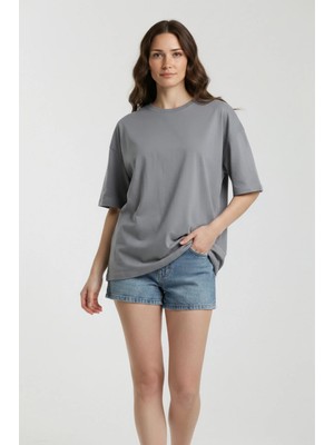 EYDAMOON Kadın Gri %100 Organik Pamuk Oversize Penye Kumaş Bisiklet Yaka T-Shirt