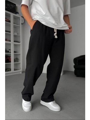 EYDAMOON Man Siyah Baggy Kesim Keten Karışımlı Müslin Pantolon Rahat Stil Terletmeyen Hafif Kumaş
