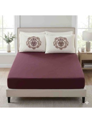 Karaca Home %100 Pamuk Çift Kişilik Çarşaf Seti - Mürdüm & Ekru Fransız Güpürlü 3 Parça Takım